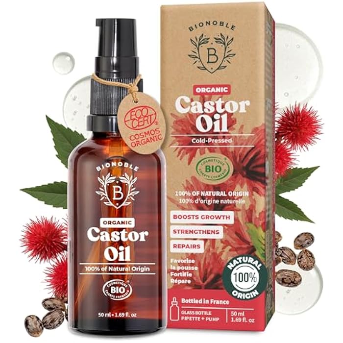 Bionoble Castor Oil Organic 50 ml - 100% Pure, Natural and Cold Pressed - Eyelashes, Eyebrows, Hair, Beard, Nails - Vegan and Cruelty Free - Castor Oil - Glass Bottle + Pipette + Pump - Image 1